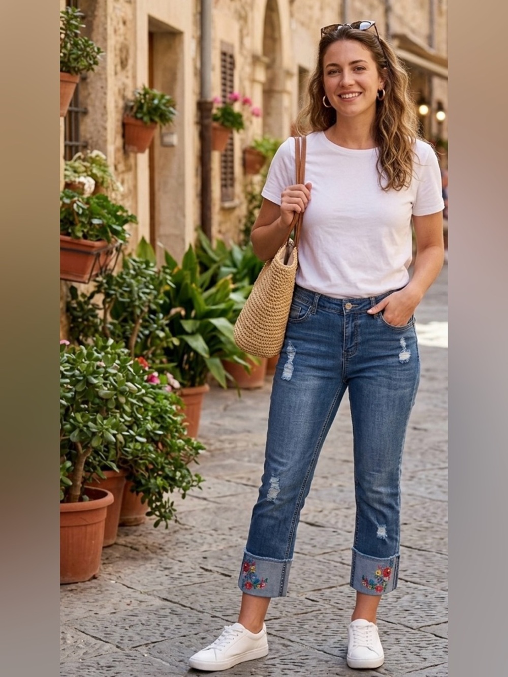 Baccini Blue Cropped Jeans with Floral Accents